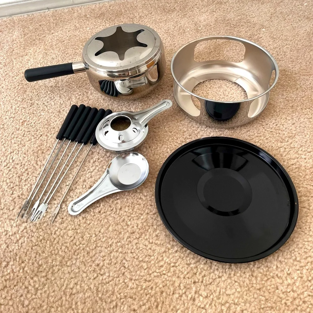 12 PIECE VINTAGE STAINLESS STEEL FONDUE SET